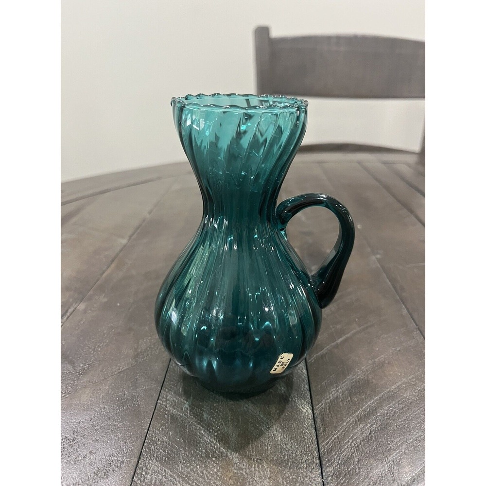 Italian Sea Blue Hand Blown Glass Swirl Pitcher Blue Sticker Made In Italy
